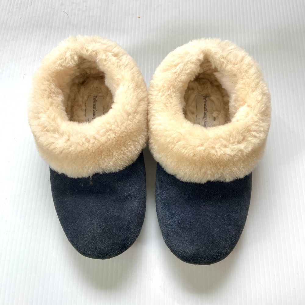 The Vermont Country Store Shearling Ballet Slippers Navy Blue Suede Womens 9